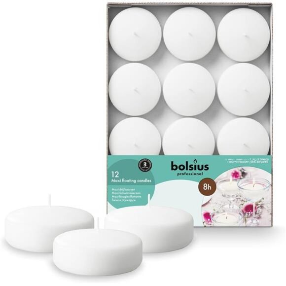 White Floating Candles 3 Inch - Set Of 12 Maxi Candles - 8 Hour Clean Burning - Picture 1 of 7